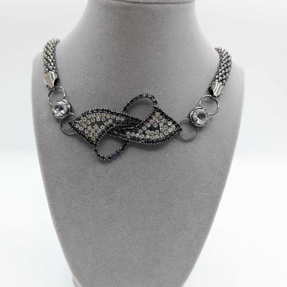 Gunmetal Mesh Statement Necklace Rhinestone Abstract Centerpiece Adjustable